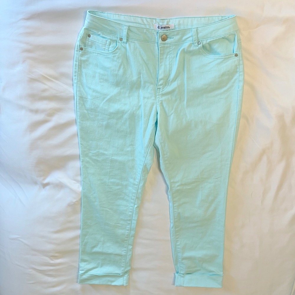 d.jeans Women Aqua Blue Cuffed Cropped Pants Size 10 Mint Green Stretch Denim